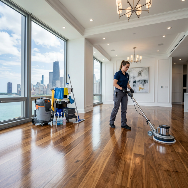 Recently renovated room being cleaned after light construction